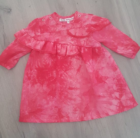 Jurk tie dye - batik print - ruches - strookjes - pofmouwen - gerimpeld - baby - meisjes - rood / roze - maat 68