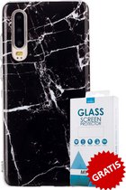 Backcover Marmerlook Hoesje Huawei P30 Zwart - Gratis Screen Protector - Telefoonhoesje - Smartphonehoesje