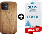 Backcover Hout Design Hoesje iPhone 12 Lichtbruin - Gratis Screen Protector - Telefoonhoesje - Smartphonehoesje