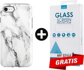 Backcover Marmerlook Hoesje iPhone 8 Wit - Gratis Screen Protector - Telefoonhoesje - Smartphonehoesje