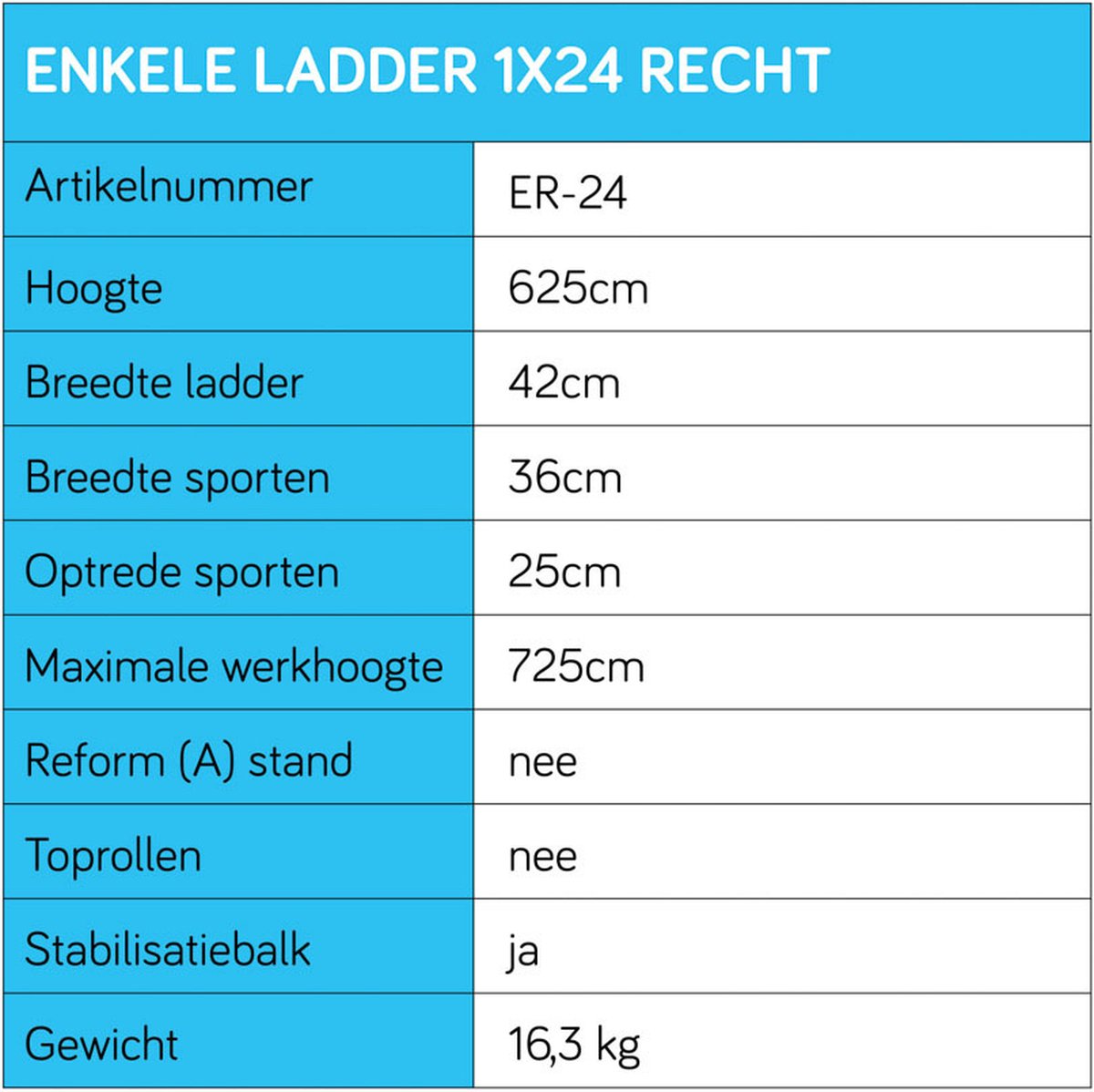 Eurostairs Enkele Ladder Recht 1x sporten | 6 meter | 625 cm hoogte |
