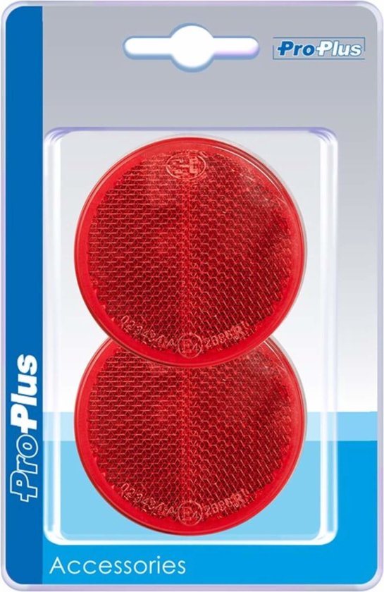 Verpakking met twee ronde, rode ProPlus reflectoren met zelfklevende achterkant.