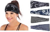 4-pack Dames Yoga Sport Haarbanden Strepen Gebloemd Navy Zwart