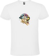 Wit t-shirt met tekst 'Whisper Words of Wisdom' met Mond, Hand en Peace teken als print Size XXXL