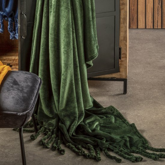 Dutch Decor - FLORIJN - Plaid 150 x200 cm - grote flannel fleece plaid met flosjes - Mountain View - donkergroen