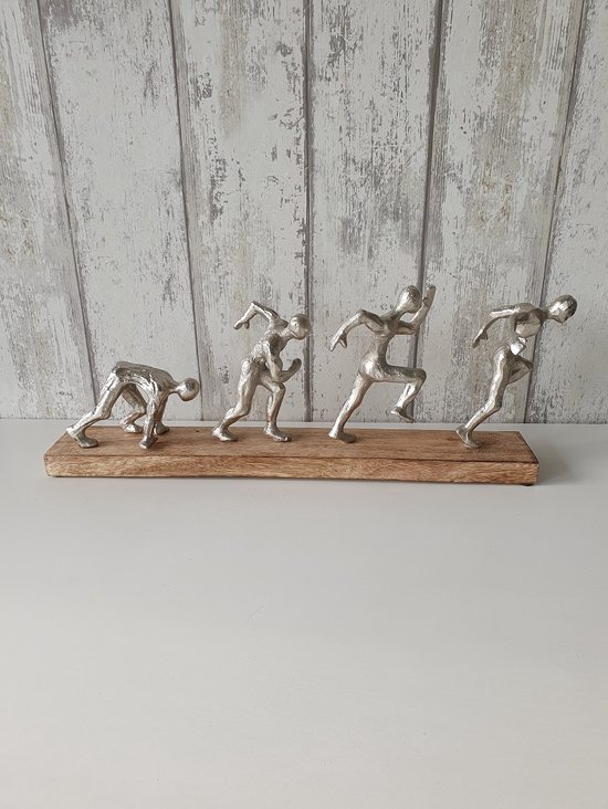 Decoratie beeld - sculpture - "Runners" hardlopen - Mangohout - aluminium - vensterbank decoratie - ornament op voet - hardlopers