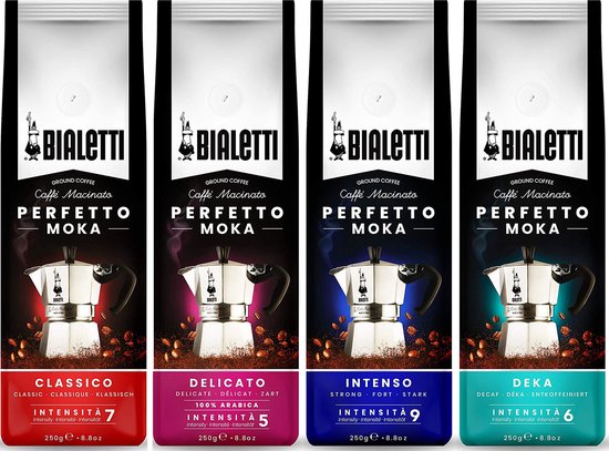 Bialetti Perfetto Moka Koffie proefpakket - 4 x 250 gram - Classico, Intenso, Delicato en Deca