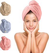 Novalits - Haarhanddoek Microvezel - Ultra Sneldrogende Hoofdhanddoek om overtollig water te absorberen - 3 stuks Hair Towel - Badtextiel - Roze - Blauw - Bruin