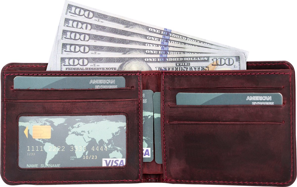 Pulledro echt leer Cardholder Pasjeshouder Portemonnee met venster - Antic Maroon