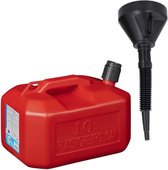 Jerrycan rood voor olie en brandstof van 10 liter met een handige grote trechter van 39 cm