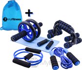 MyFitness Fitness set 6-in-1 inclusief opbergrugzak | Ab roller | Stretchband | Trainingswiel | Opdruksteunen | Push-up bars | Springtouw | Yogamat | Thuis fitness