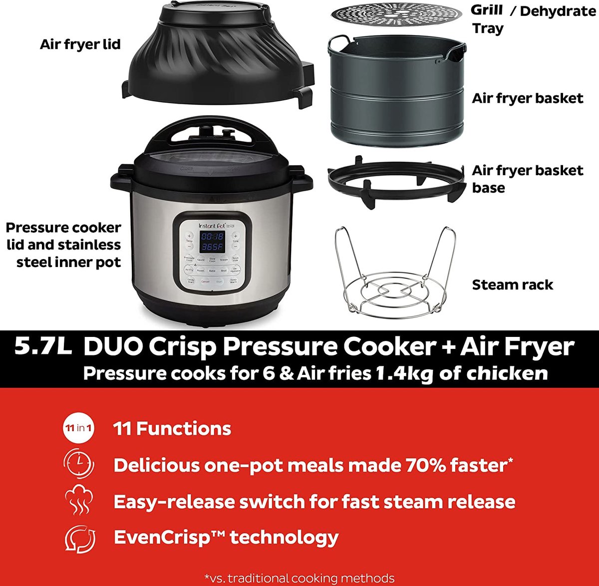 Afbeelding 3 van Instant Pot Duo Crisp 11-in-1 Multicooker met Airfryer 5,7L- Snel onder druk koken,Slow cooking, Sauteren, Stomen, Sous vide, Warmhouden, Snel frituren, Braden, Bakken, Roosteren, Drogen