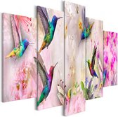 Schilderij - Colourful Hummingbirds (5 Parts) Wide Pink.