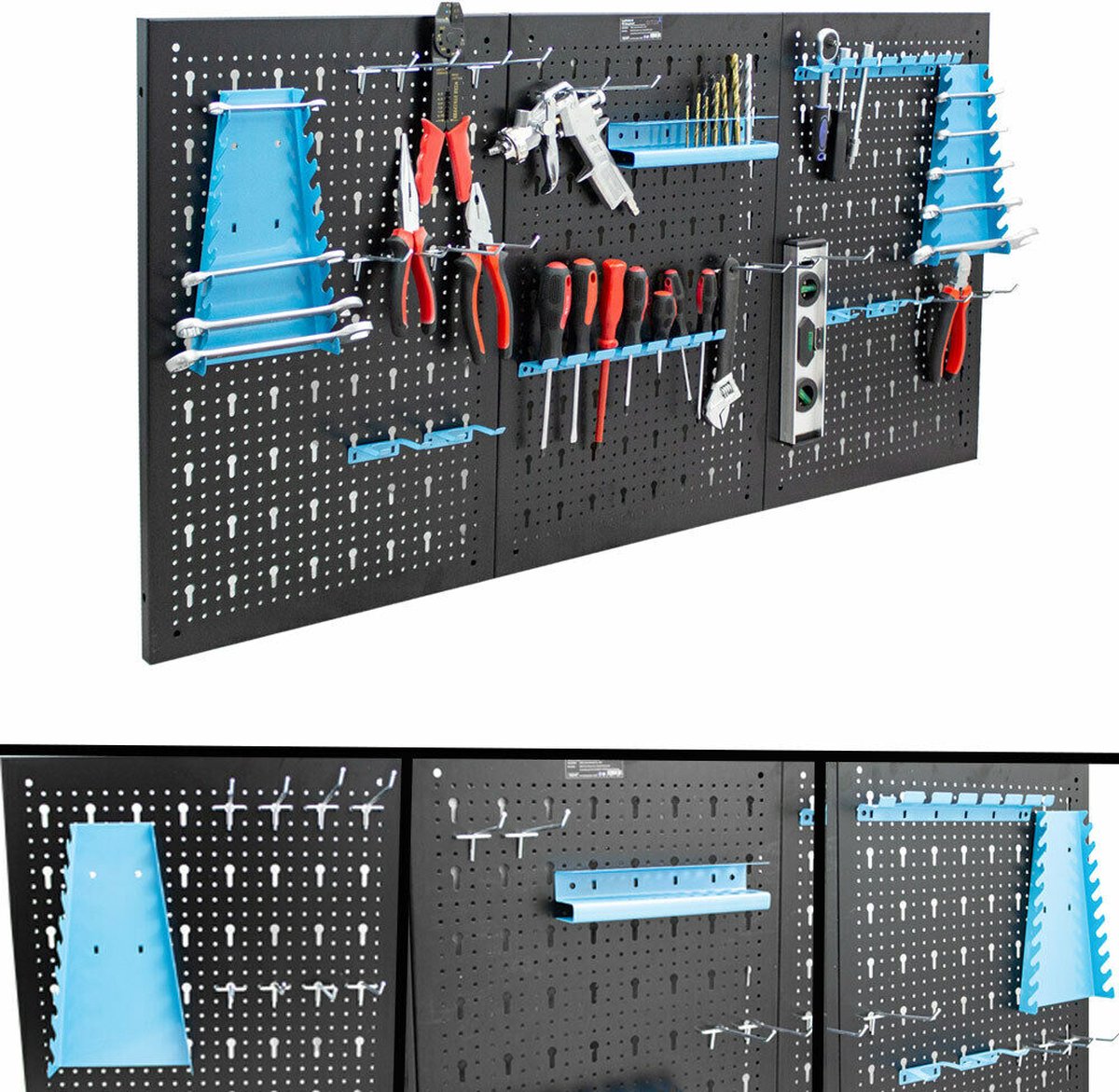 Gereedschapsbord 3 delig incl. wandbevestiging - blauw/zwart