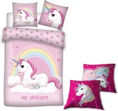 Dekbedovertrek Unicorn- Flanel- 1 persoons- 140x200- dubbelzijdig- roze- wit, incl. Sierkussen Unicorn bijpassend - 40x40cm