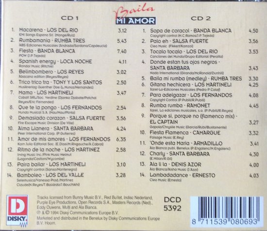 Compact disc hoes met 'Baila Mi Amor' en tracklijsten voor CD 1 en CD 2.