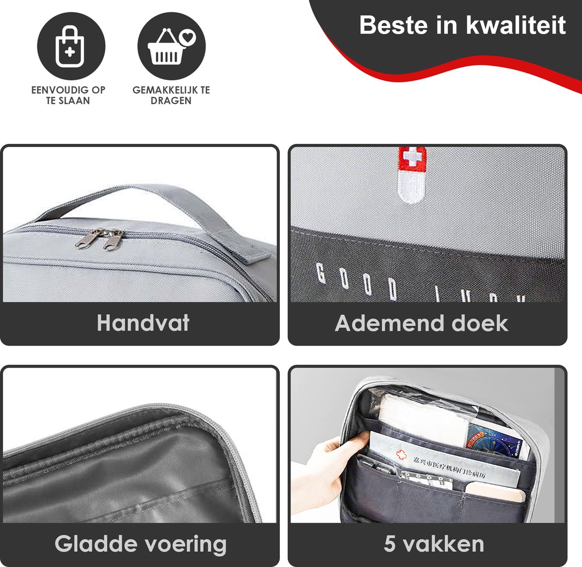 Good Luck EHBO Tas Leeg – Waterdichte Verbanddoos / Toilettas – EHBO Koffer Voor Thuis, Auto of Reizen – Compact & Draagbaar – 27x21x13,5 cm – Grijs – foto 4