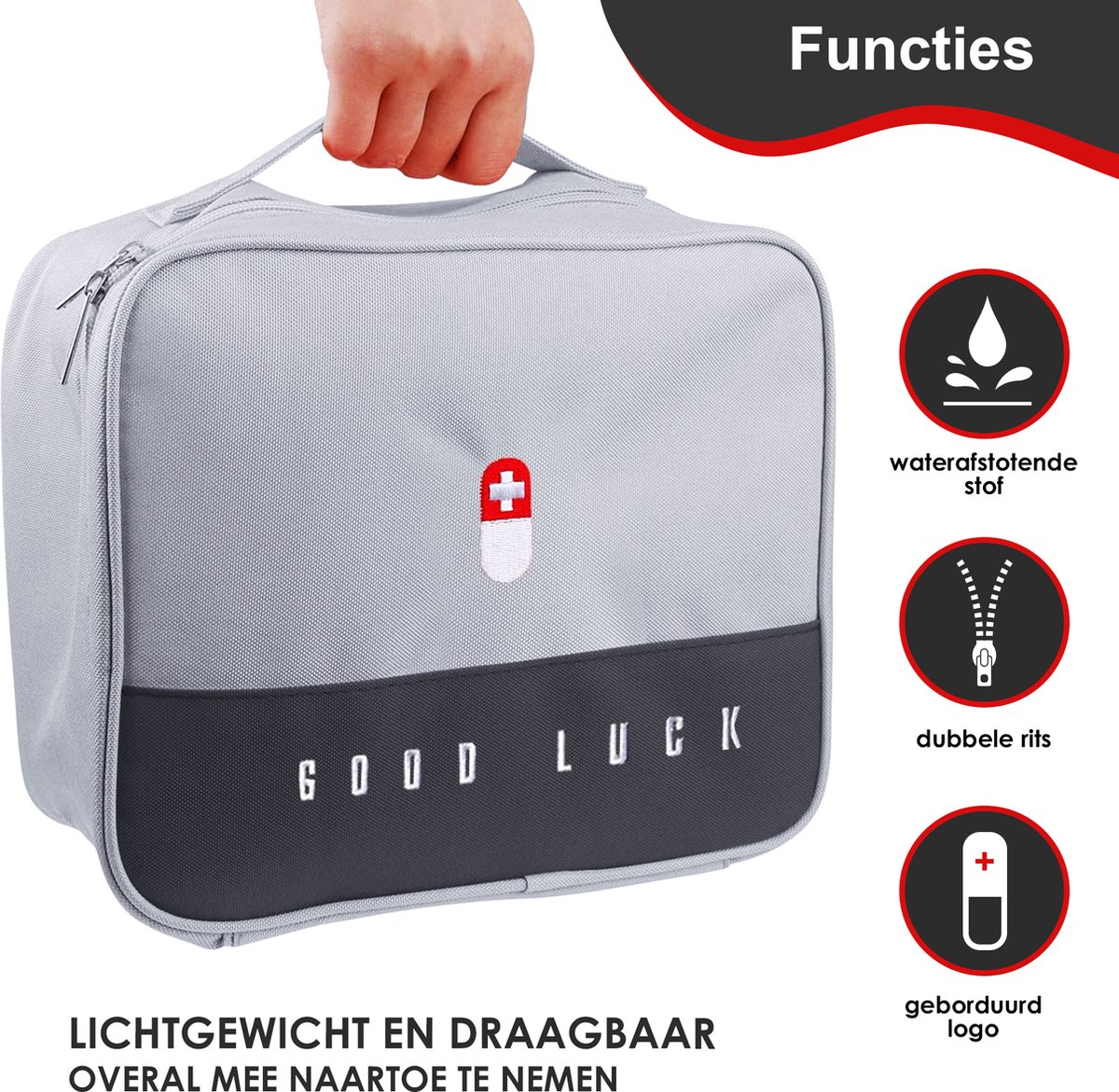 Good Luck EHBO Tas Leeg – Waterdichte Verbanddoos / Toilettas – EHBO Koffer Voor Thuis, Auto of Reizen – Compact & Draagbaar – 27x21x13,5 cm – Grijs – foto 3