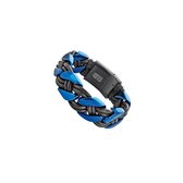 Hetty'S -  Blauwe edelstalen - armband met zwart leer - magneet sluiting - 22 cm lang - 25 mm breed