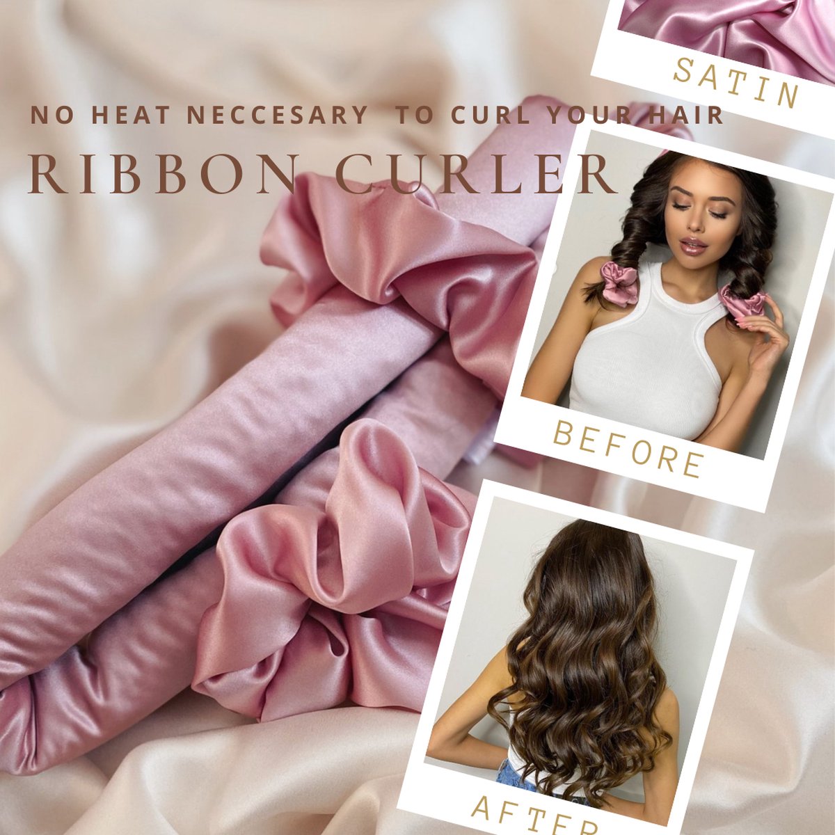 Heatless curls - Heatless curling ribbon - Heatless Haarkruller - Krullen zonder hitte - Roze Zijde - NOIRIEUX®