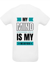 Huurdies Sportshirt | My mind is my weapon| maat m| Bedrukkingskleur lichtblauw |  wit shirt