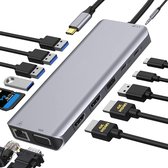 NÖRDIC DOCK-143 USB-C naar HDMI dockingstation - 1xVGA, 5xUSB, 1xRJ45, 2xSD / TF, 1x 3,5 mm audio - Metaal Zilver