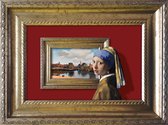 Vermeer kunst in het klein - Meisje met de Parel voor Gezicht op Delft - Droste effect - ingelijst 20x15cm - rood