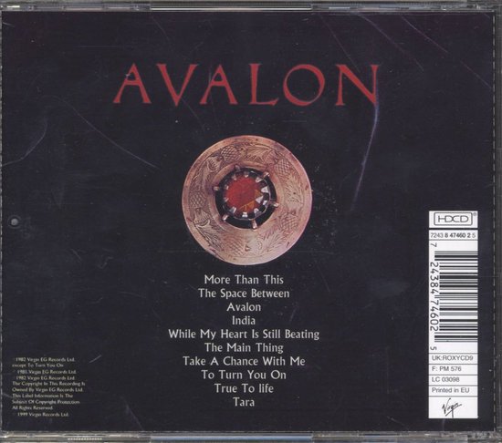 Achterkant cd "Avalon" met tracklist en HDCD logo.