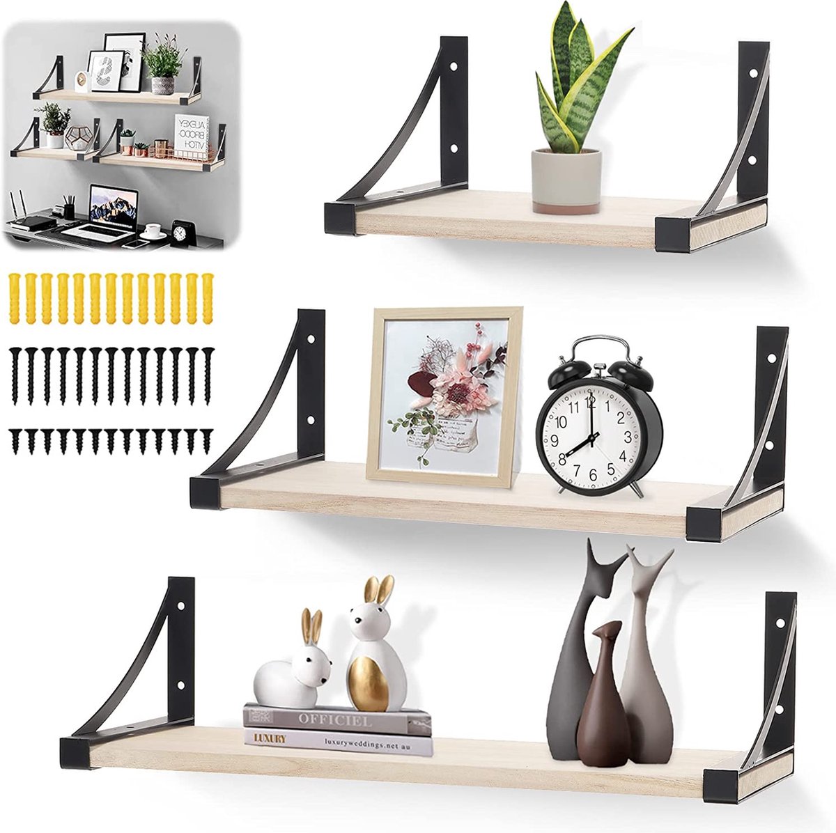 Witte zwevende boekenplanken van metaal - set van 4 wandplanken voor aan de muur in