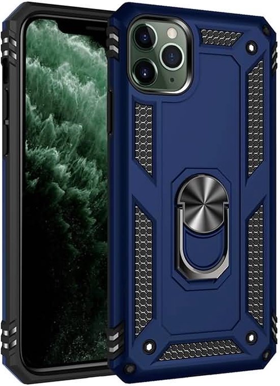 Stevige Magnetische Anti shock ring back cover case Geschikt voor Apple iPhone 13 Pro Max- schokbestendig-TPU met stand Blauw + gratis screenprotector