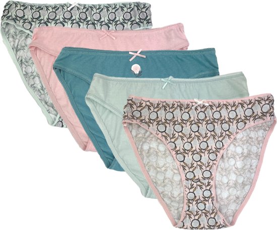 5 stuks Katoenen dames slips - dandelion - mint-roze - Maat 46/48 (XL)