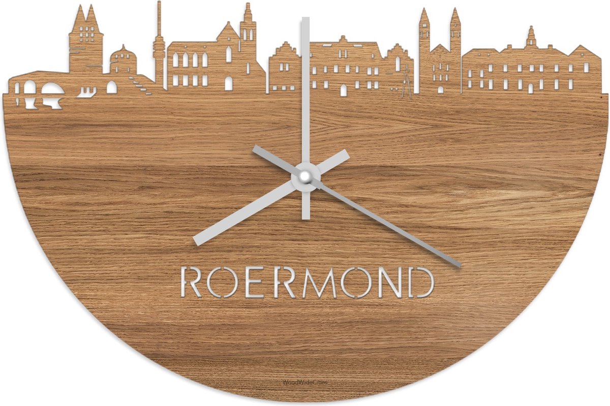 Skyline Klok Roermond Eikenhout - Ø 40 cm - Stil uurwerk - Wanddecoratie - Meer steden beschikbaar - Woonkamer idee - Woondecoratie - City Art - Steden kunst - Cadeau voor hem - Cadeau voor haar - Jubileum - Trouwerij - Housewarming - WoodWideCities