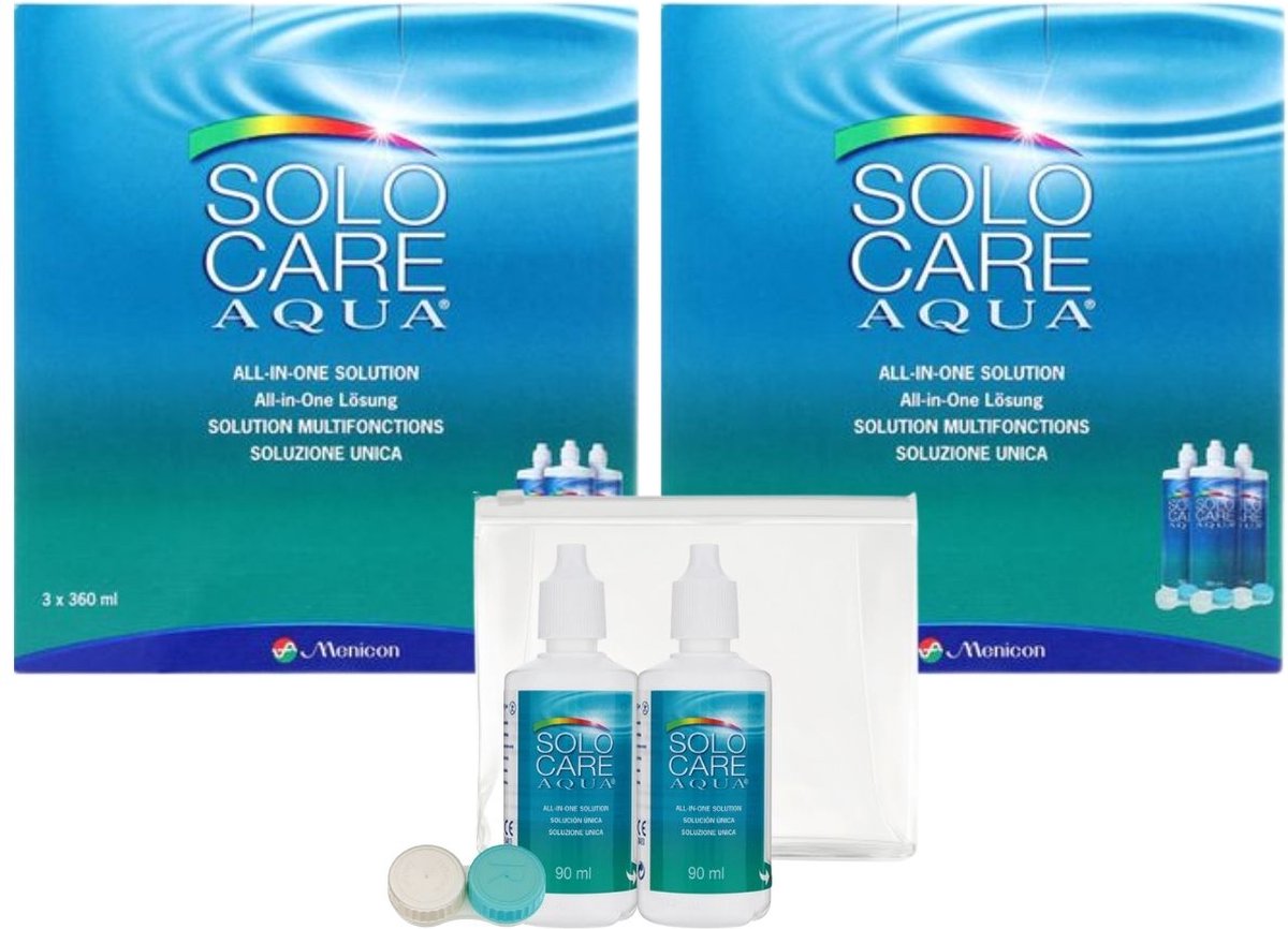 SOLOCARE Aqua 2x voordeelpak: 3x360ml '+ 3lenshouders, '+ gratis reisverpakking: 2x90ml '+ 1 lenshouder