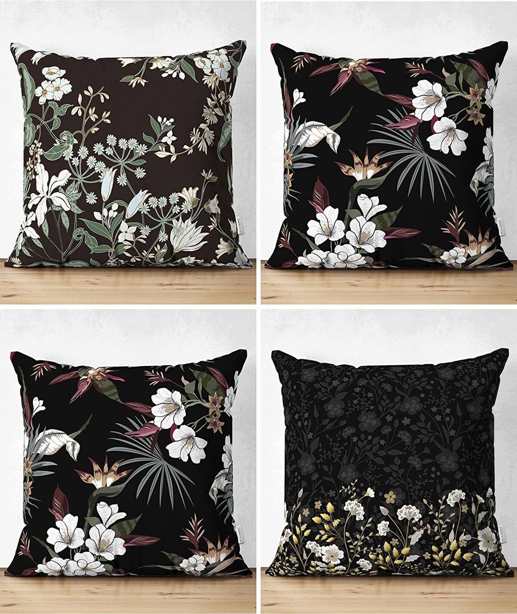 Sierkussens set van 4 stuks - INCLUSIEF BINNENKUSSENS 45x45 cm - bloemen - zwart - wit - goud - dubbelzijdig bedrukt - kussensloop - kussens woonkamer - kussenhoes