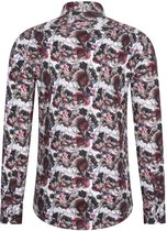 Heren overhemd Lange mouwen - MarshallDenim - Rood en bruine bloemenprint- Slim fit met stretch - maat L
