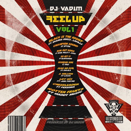 Achterkant van de albumhoes met titel, tracklist en DJ Vadim logo, op een rood-wit gestreepte achtergrond.