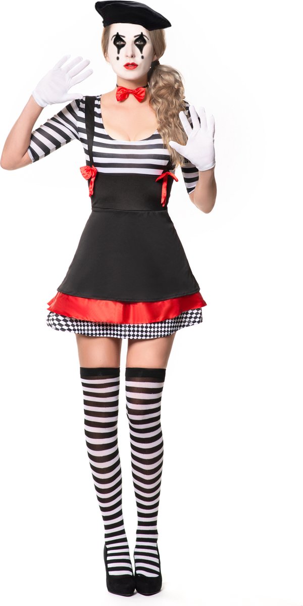 Partychimp Retro Mime Kostuum Girl Jurkje Met Halsstrikje Dames Halloween Carnavalskleding Dames Carnaval Kostuum Dames - Maat S - Zwart-Wit
