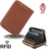 Portefeuille avec fermeture éclair en cuir PU marron / porte-cartes de crédit avec fonction anti-skim RFID / portefeuille ventilé.