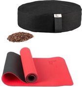 Njoy your sports - combinatie - meditatiekussen - rond -  zwart - yogamat - antislip - zwart/rood