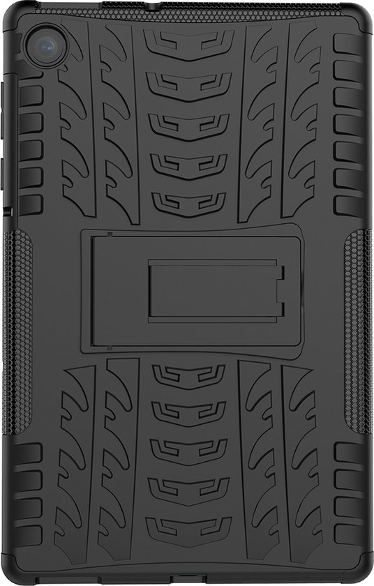 Mobigear Tablethoes geschikt voor Lenovo Tab M10 Plus Hardcase Backcover | Mobigear Tire | Schokbestendig Tab M10 Plus Telefoonhoesje | Anti Shock Proof + Standaard - Zwart
