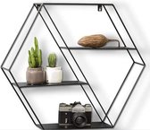 LIFA LIVING Industrieel Wandrek, Zwarte Wandplank, Metalen Kruidenrek, Moderne Wanddecoratie, Zeshoekige Muurrek voor Woonkamer, Slaapkamer, Keuken, 58 x 51 x 11cm