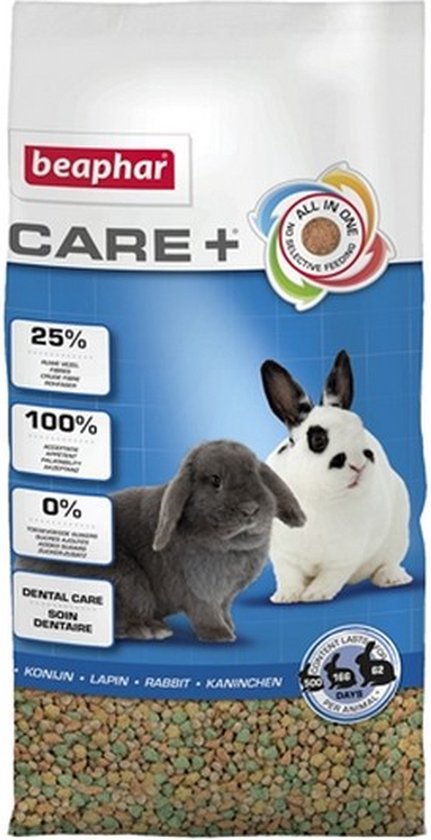 Beaphar CARE+ konijnenvoer, met afbeeldingen van een grijze en witte konijn, 25% vezels, 100% selectieve voeding, 0% toegevoegde suikers.