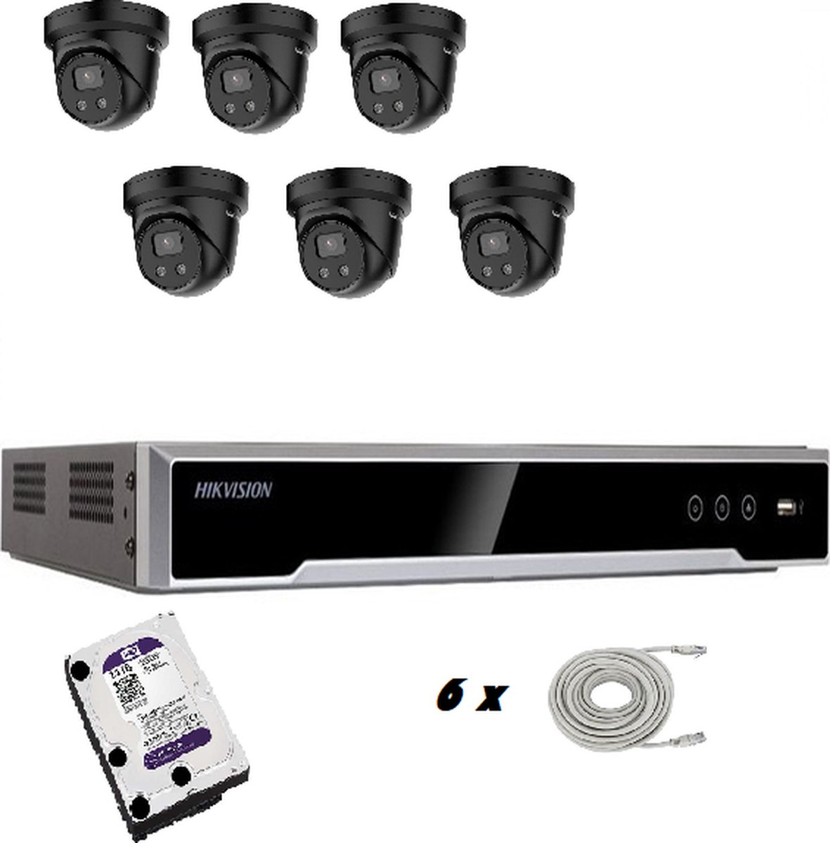Hikvision set zwart met 6 x DS-2CD2346G2-I 4mp 2.8mm AcuSense vaste turretcamera,1 x 8 kanaals DS-7608NI-K2/8P recorder, 1 x HD van 2 TB