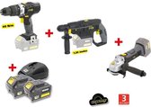 X-FIT PACK 'BIG WORK' 3 machines 18V + 2 accu's 18V 3.0Ah: boor / schroevendraaier + Perfo hamer + haakse slijper