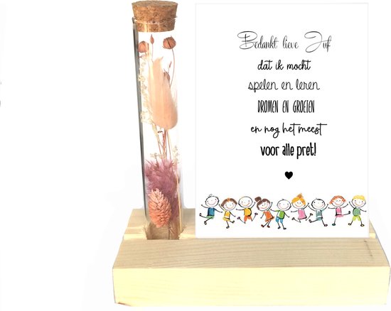 Droogbloemen en kaartje liefste JUF | roze | bedankt juf | topjuf