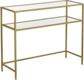 NaSK - Console tafel, bijzettafel met 2 planken, 100 x 35 x 80 cm, gehard glas, opbergrek, metalen frame, verstelbare poten, voor woonkamer, gang, gouden