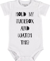 Baby Rompertje met tekst 'Hold my juicebox and watch this' |Korte mouw l | wit zwart | maat 50/56 | cadeau | Kraamcadeau | Kraamkado