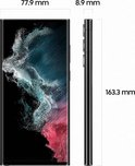 Afmetingen van de zwarte Samsung Galaxy S22 Ultra: 163,3 mm hoog, 77,9 mm breed en 8,9 mm diep.