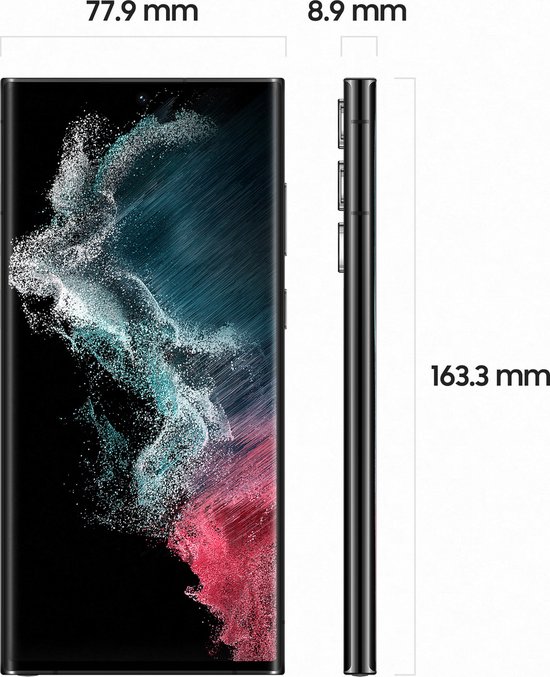 Afmetingen van de zwarte Samsung Galaxy S22 Ultra: 163,3 mm hoog, 77,9 mm breed en 8,9 mm diep.