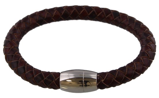 Armband Heren 8 mm - Leer en RVS - Lengte 21 cm - Bruin